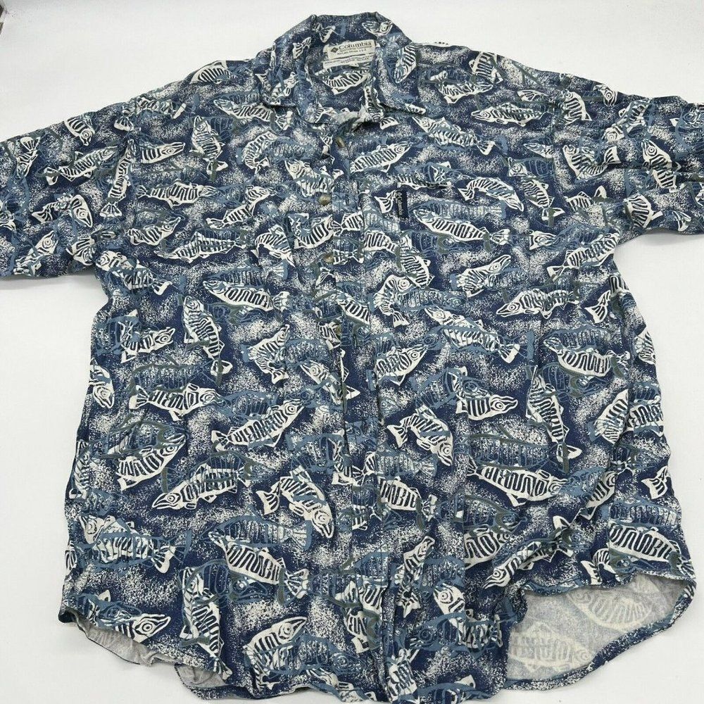 Columbia Fish Print short sleeve shirt Flax Blend Blue size M